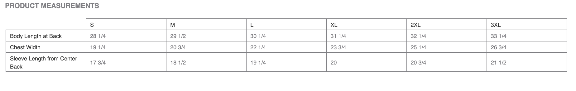 size chart